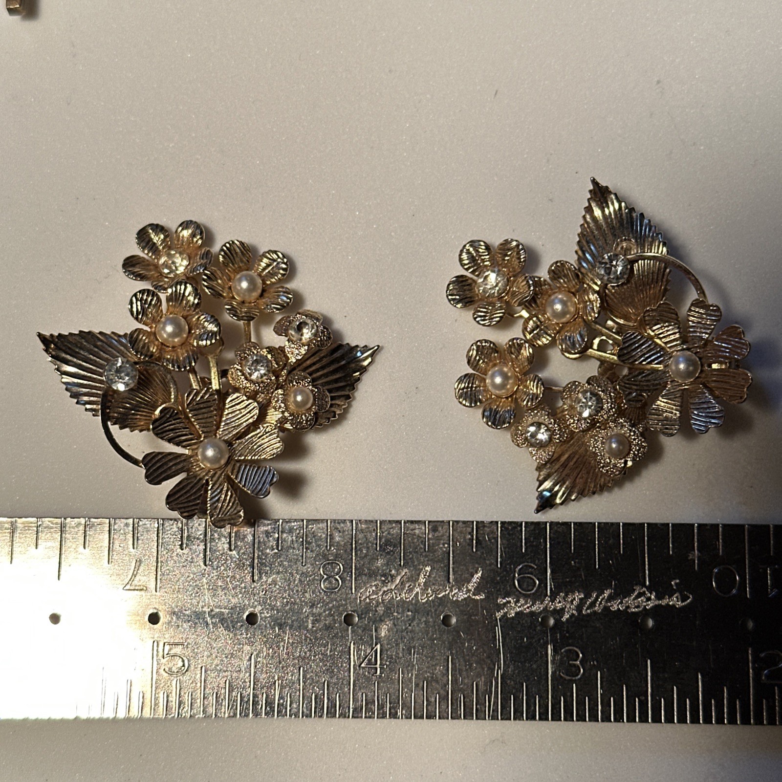 Vintage MCM Coro Clip On Earrings Gold Tone Floral Cluster Faux Pearl Rhinestone