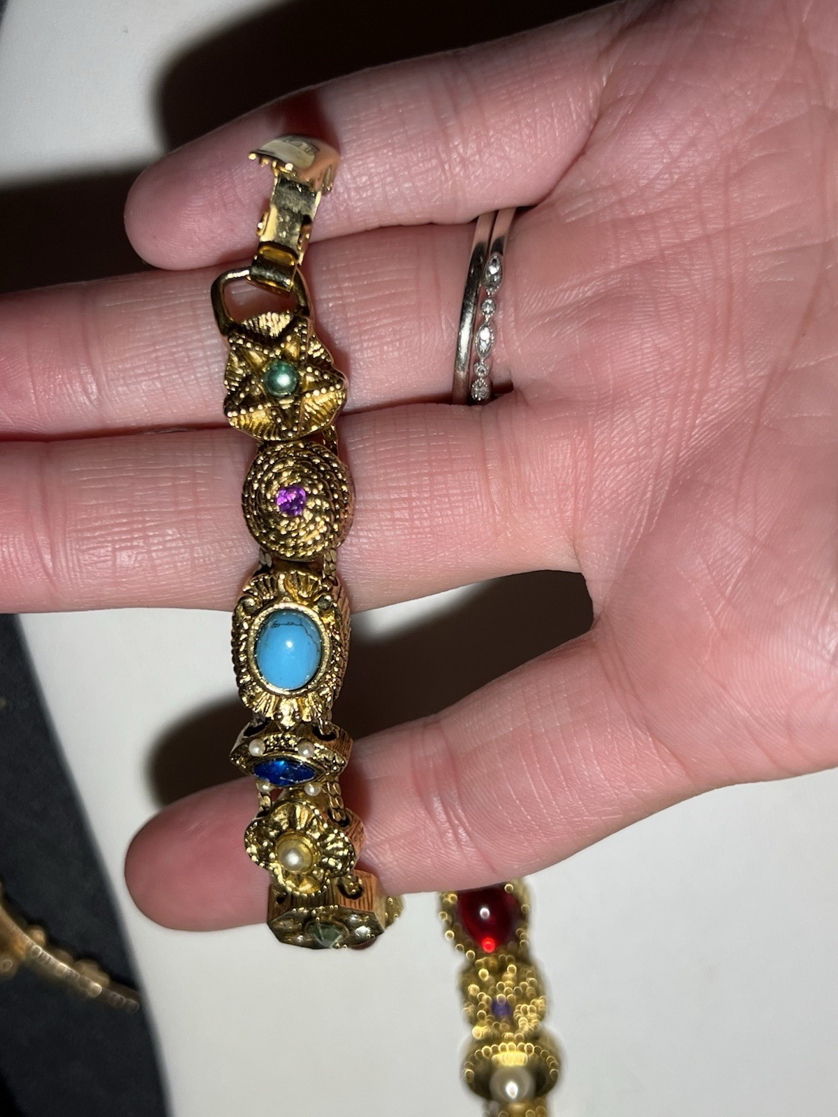 Vintage Victorian Revival Metal Tone Multi Gem Slide Bracelet Sz 7