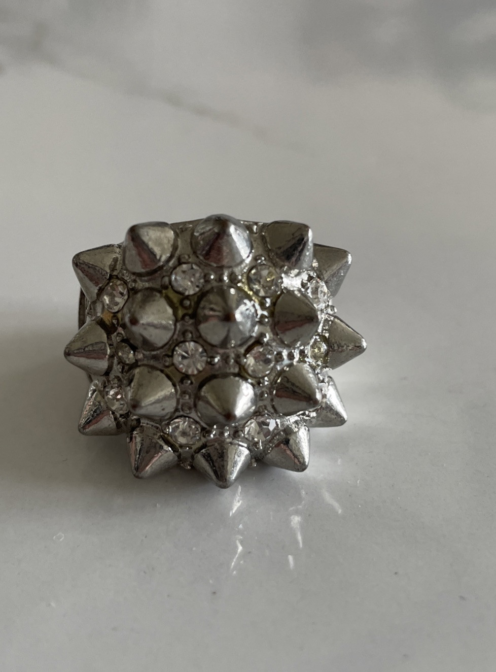 Silver Spiky Domed Ring Stretch Band Clear Stones Sz 12