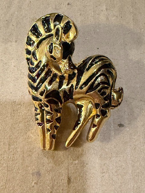Gold Tone Zebra Brooch Black Enamel Striped Safari Pin