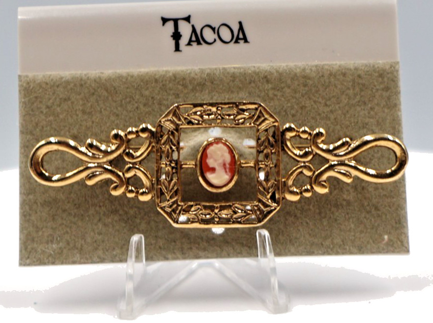 Vintage Tacoa Goldtone Brooch Featuring Fligree Bar with Center Pink Cameo