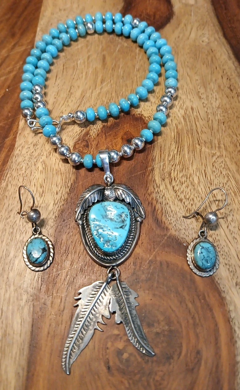 NAVAJO ELLA COWBOY TURQUOISE STERLING SILVER FEATHER NECKLACE EARRINGS 39.5 Gr