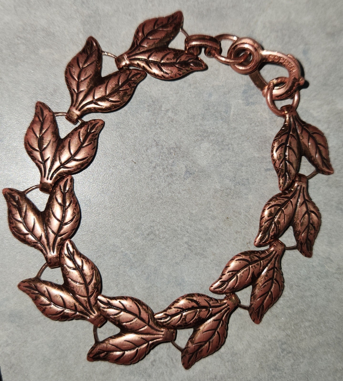 Vtg Unmarked Stamped Copper Double Leaf 7″ Link Bracelet With Heart Sister Clasp