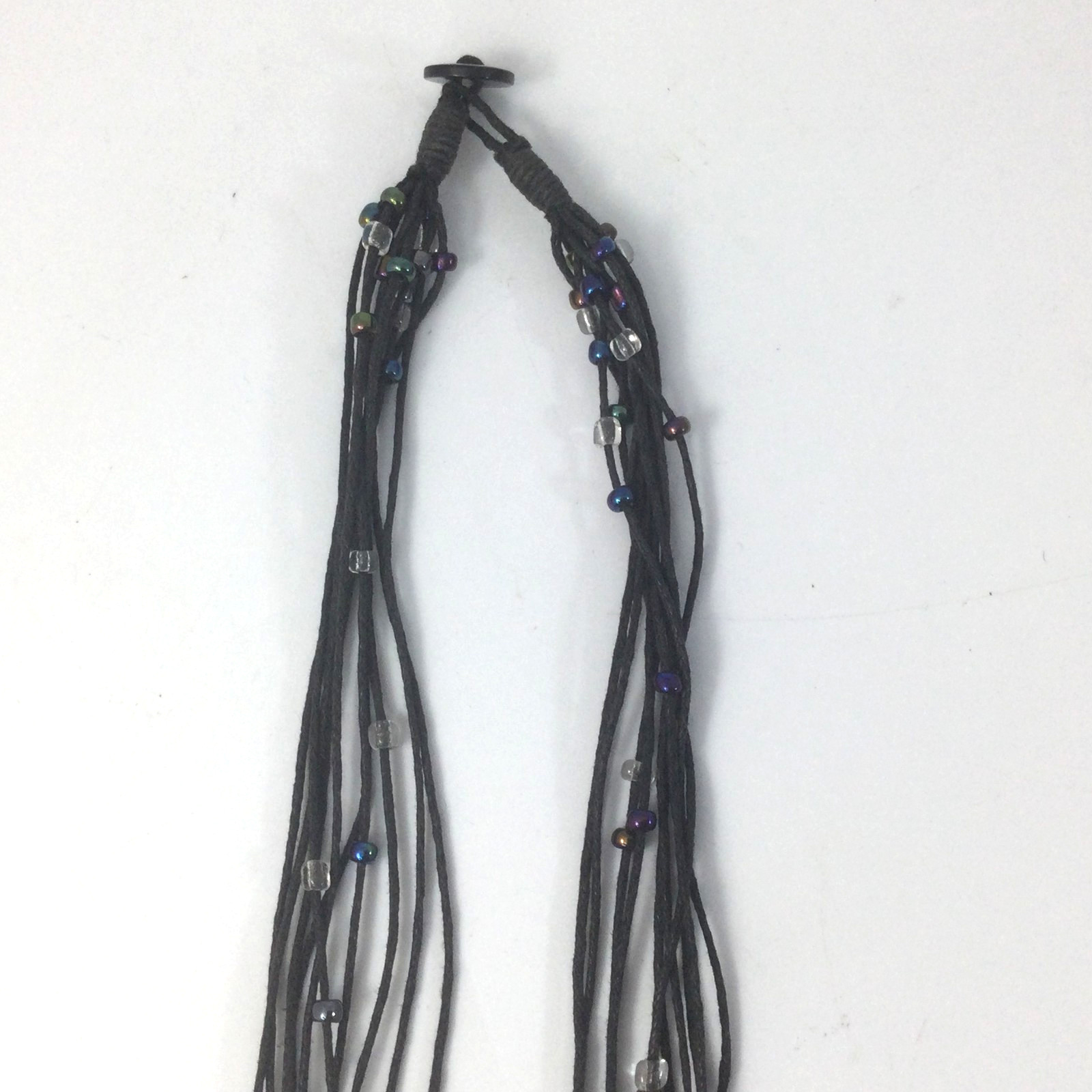 Vintage Woven Wax Tread and Shell Pendant Necklace Black Blue Silver Beaded 18″