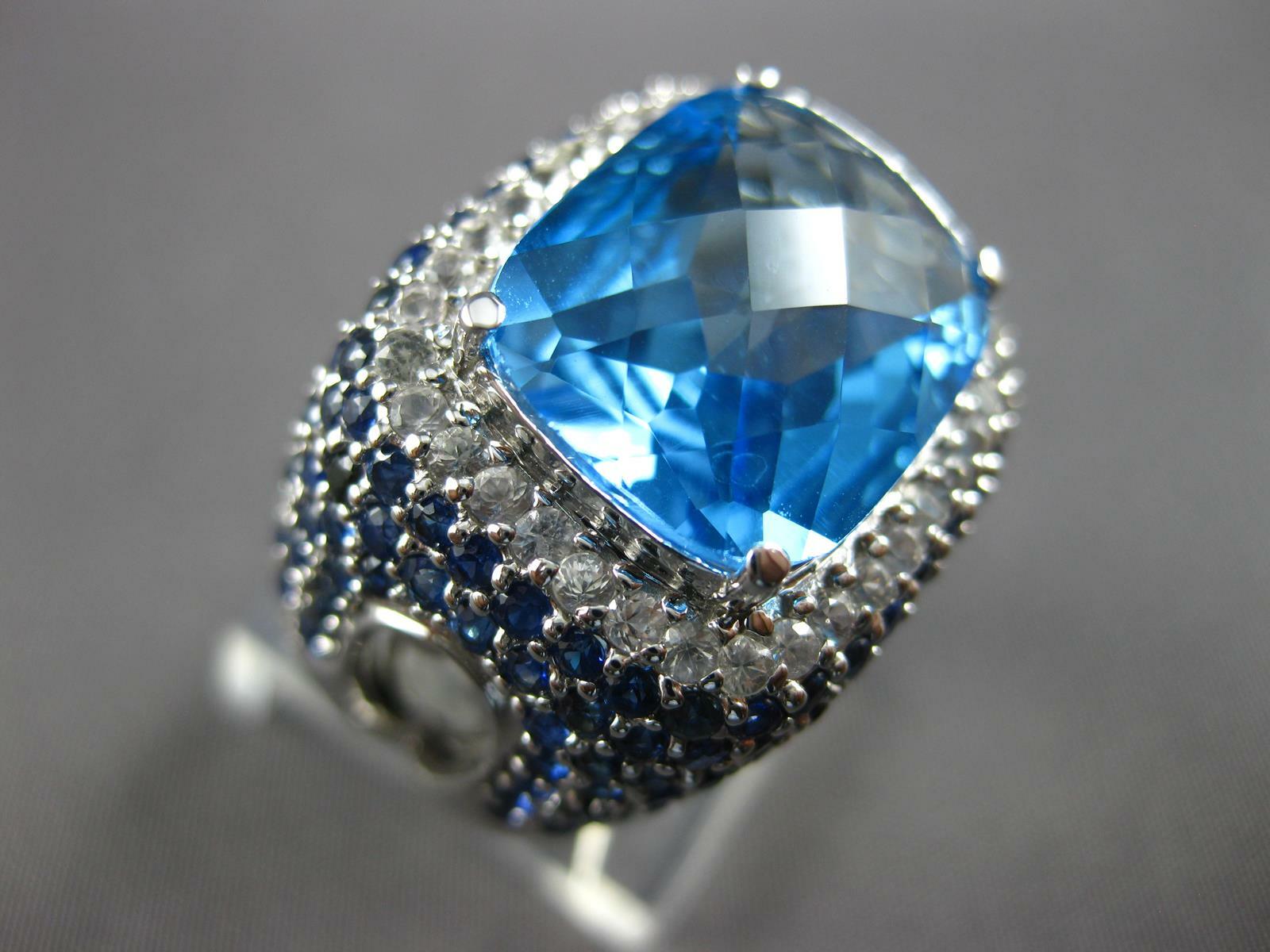 ESTATE EXTRA LARGE 14.51CT DIAMOND AAA SAPPHIRE & BLUE TOPAZ 14K WHITE GOLD RING