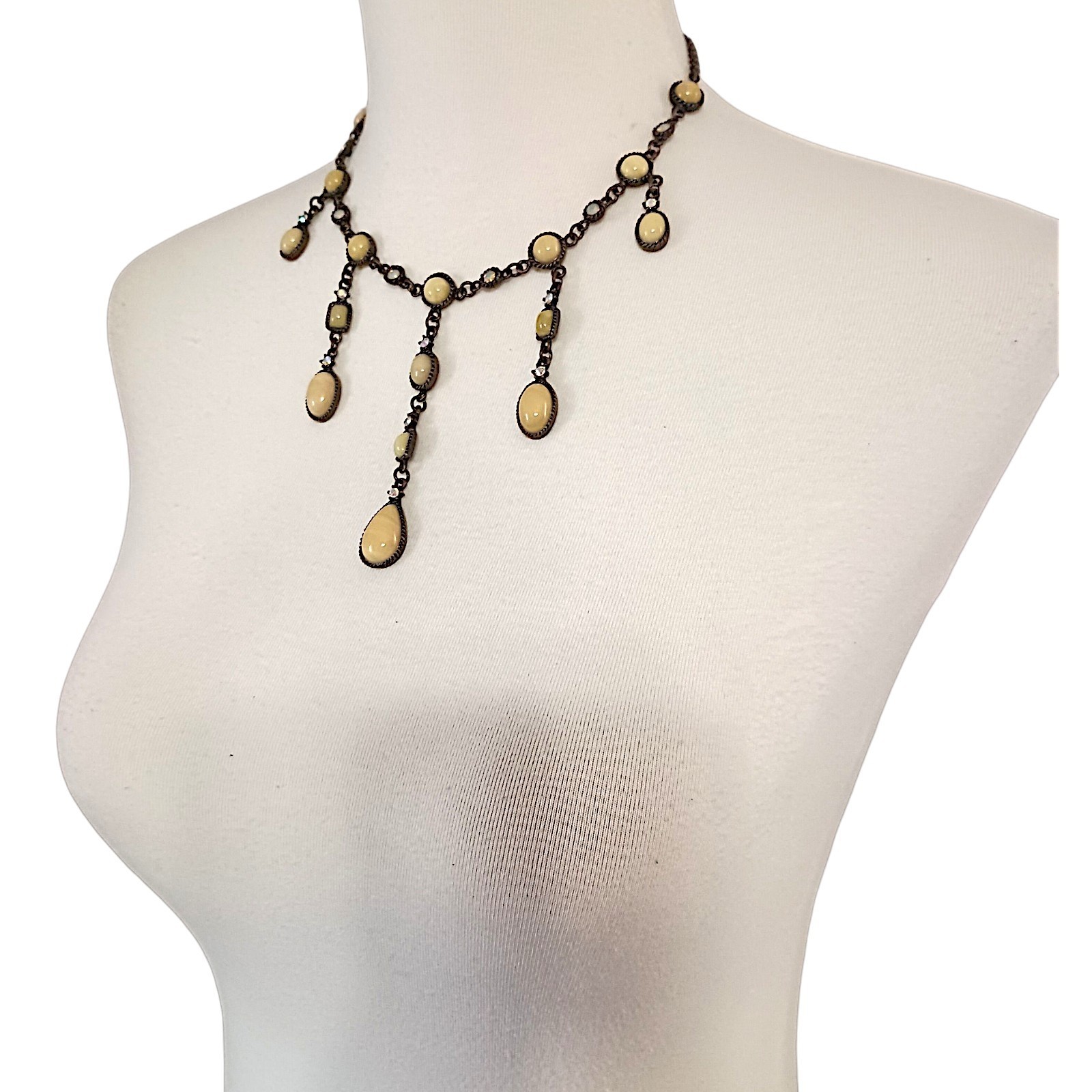 Vtg 90s Chandelier Bib Necklace Statement Egg Yolk Cabochon Art Nouveau Collar