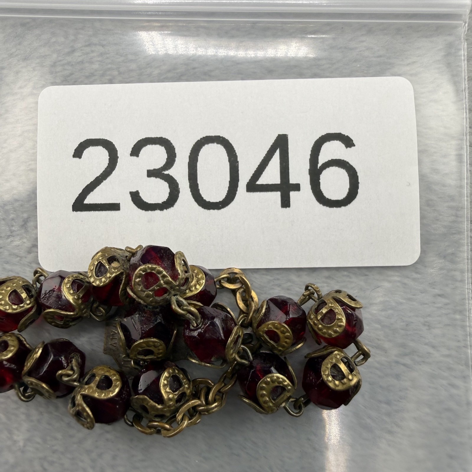 Vintage Travel Rosary Gold Tone Red Faceted Glass Infant of Prague 4”