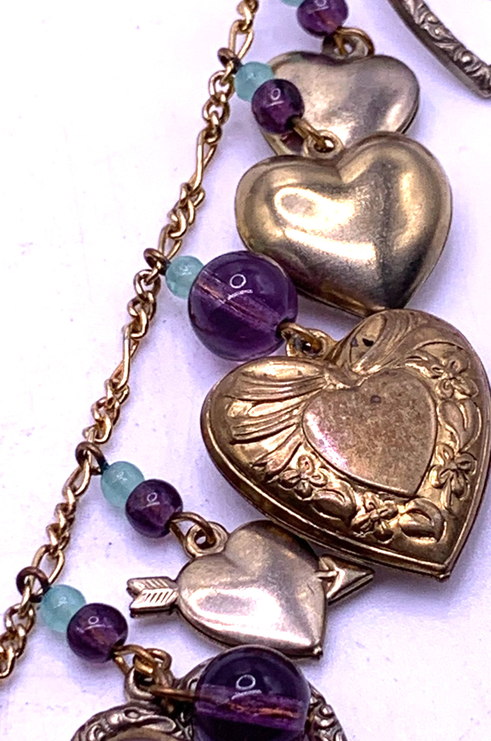 Vintage Lucy Isaacs Charm Necklace puffy hearts Victorian beaded extra long