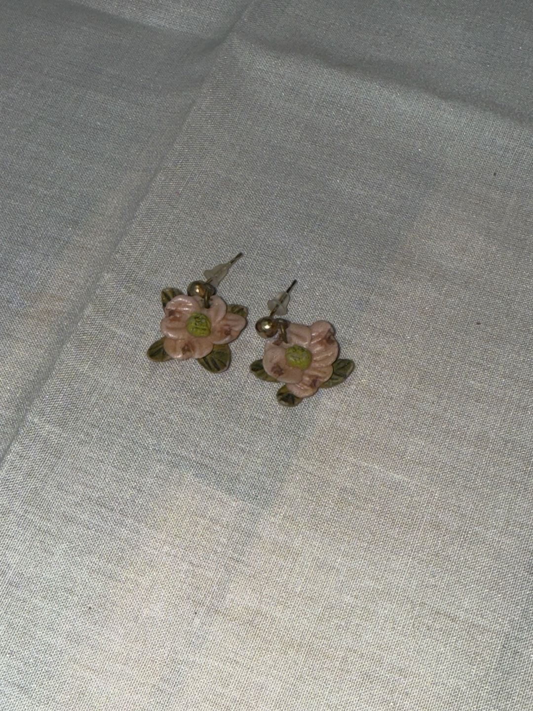 Vintage Hand Painted Dogwood Flower Post Earrings Pink and Green