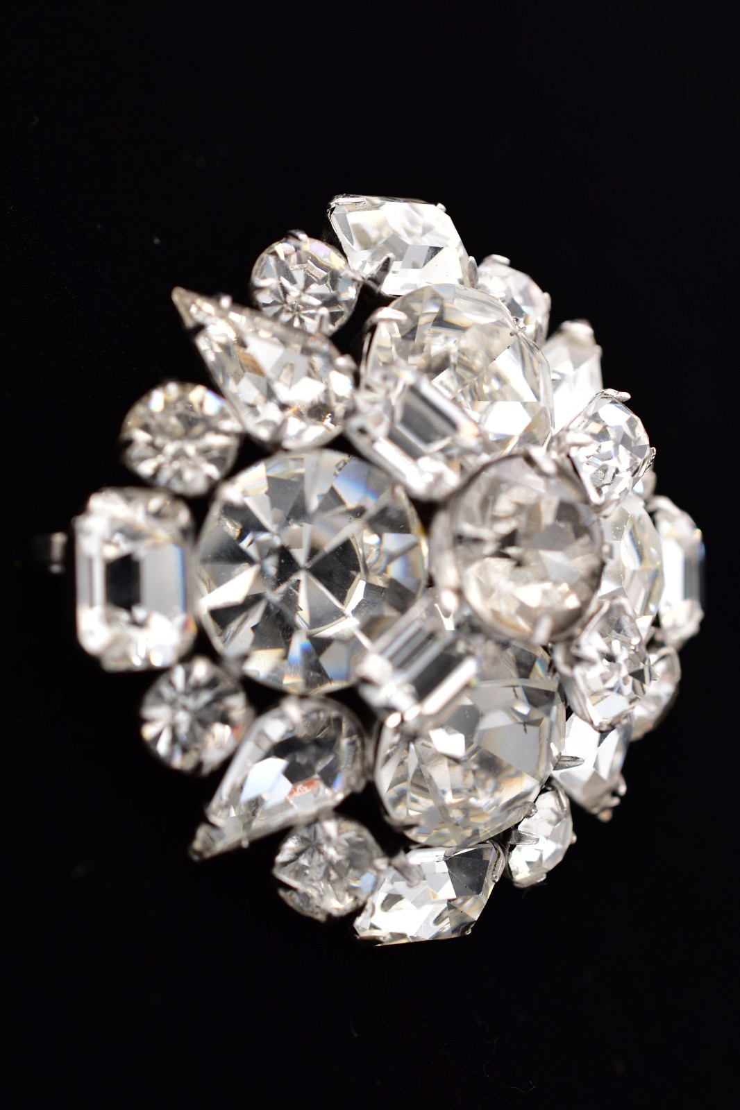 Vintage Clear Rhinestone Cluster Brooch Pin Silver Prong Baguette Crystal BinBP