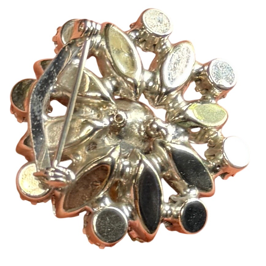 Vintage Austrian Glass Floral Brooch: Clear Topaz Stones, 1.5″ Statement Jewelry