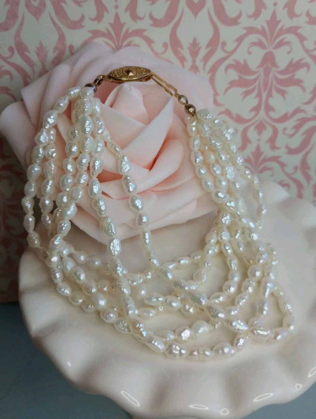 Vtg Freshwater Baroque Rice Pearl Bracelet Gold Tone Fish Hook Clasp 6 Strand