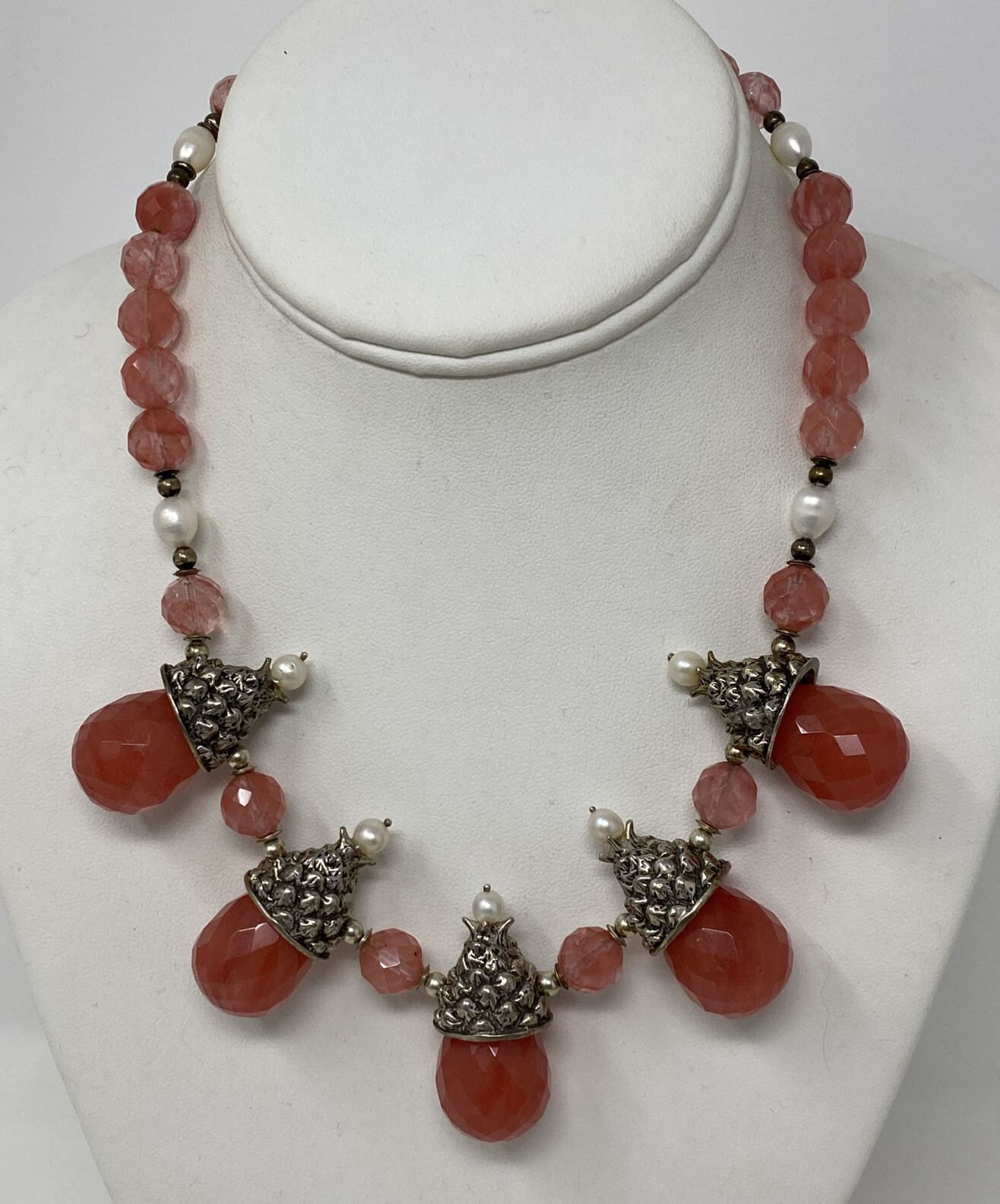 Stunning Artist Signed PF Sterling Silver Rose Quartz Pearl Collar Necklace