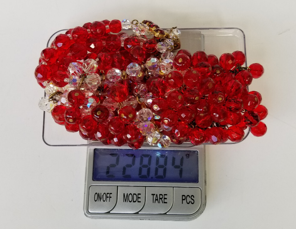Vintage Signed France AB Bead & Red Glass Cluster Bead Necklace