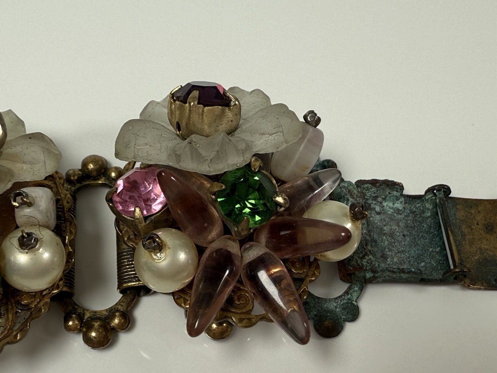 Antique Flower Glass Beaded Rhinestone Panel Bracelet 7″ Chunky 3D Book Chain