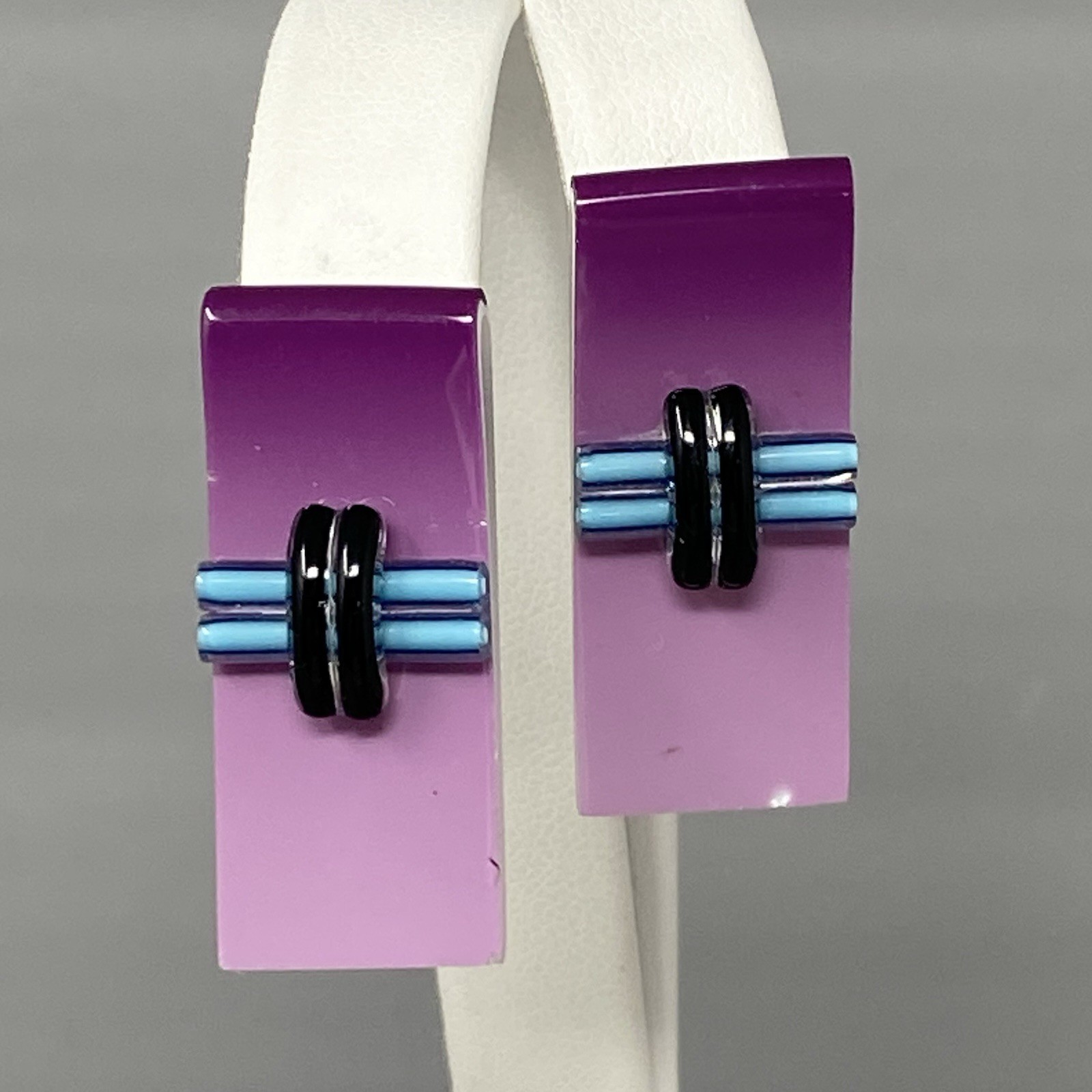 Purple Glass Earrings Pierced Blue Black Fused Lampwork Dangle Drop Rectangle