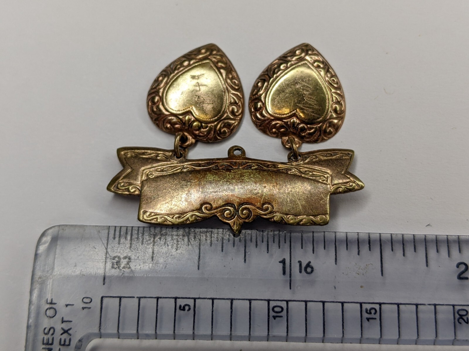 1949 Cute Brass Gold Tone Metal Plate Pin Ribbon Hearts Unique Marie Swirls 6E