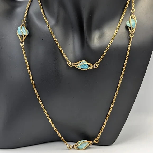 Vintage 12K Gold Filled Caged Polished Nuggets Blue Beryl Stations Necklace