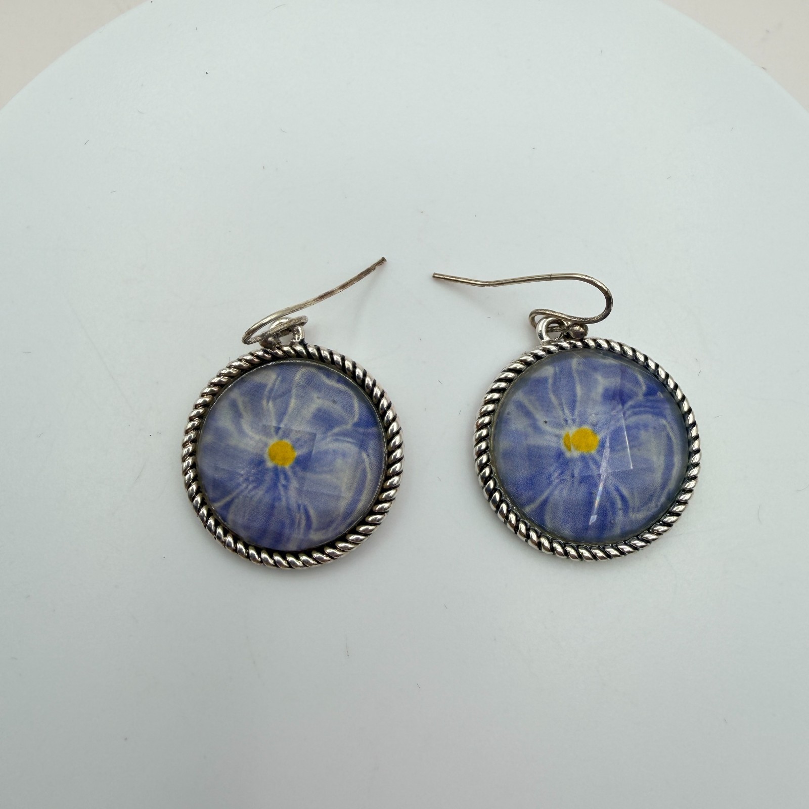 Vintage 90s Silver Tone Blue Flower Glass Cabochon Classic Fashion Jewelry Set
