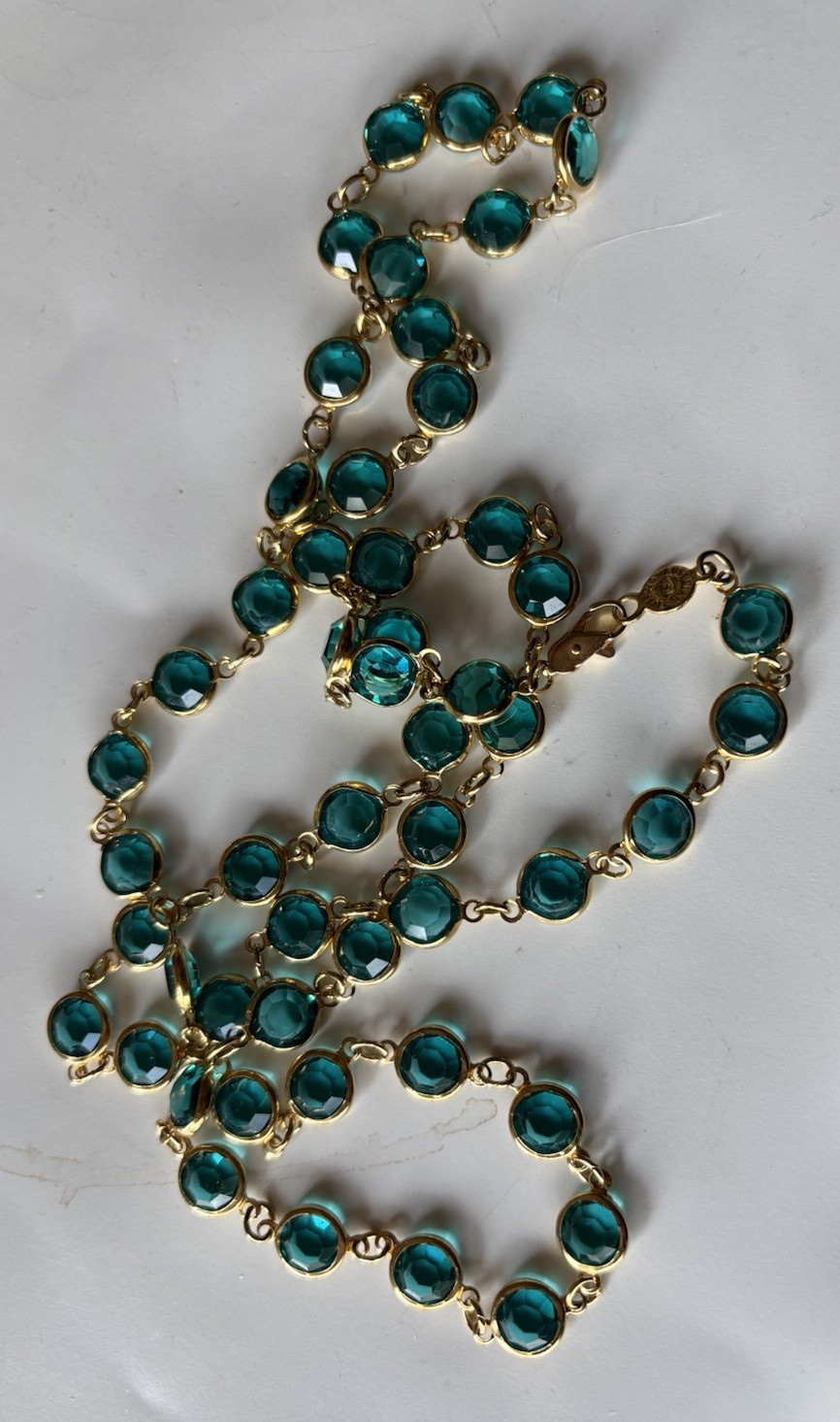 Austrian Crystals Necklace Aqua Blue Round Faceted Bezel Set Gold Tone 34 in USA