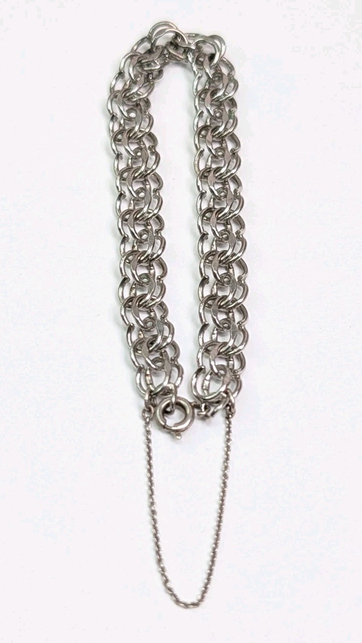 Vintage Sterling Silver Charm Bracelet Double Link 7″ Safety Chain C Clasp