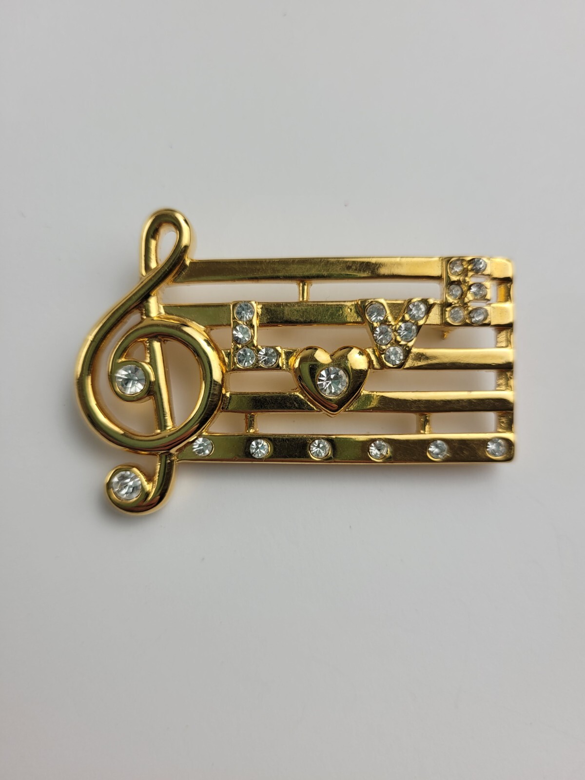 Musical Love Notes Gold Tone Rhinestone Brooch Signed Monet