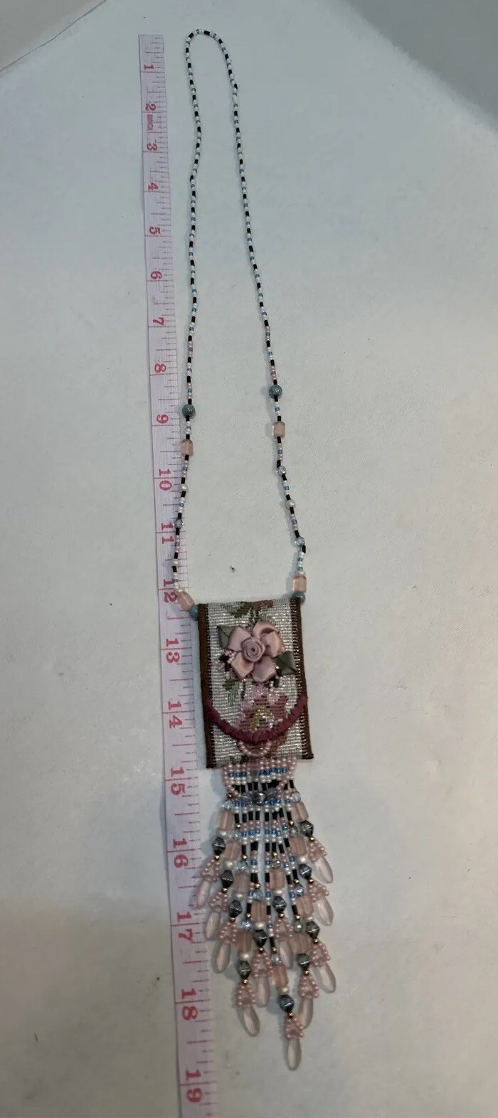 Vintage Needlepoint Handmade Purse Seed Bead Necklace Beaded Fringe-Bo Ho-Hippie
