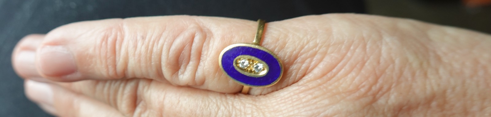 Vintage Italian 14k gold, blue enamel, diamond, ring