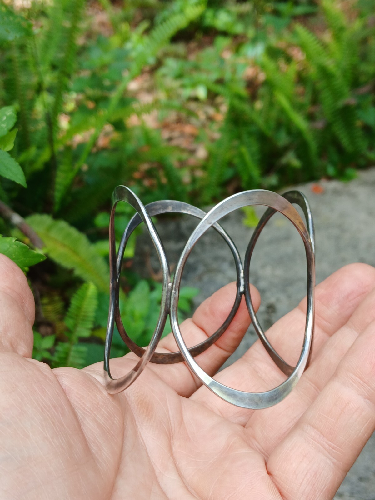 Vintage Geometric Ovals Sterling Silver Bangle Bracelet Modernist Design Art