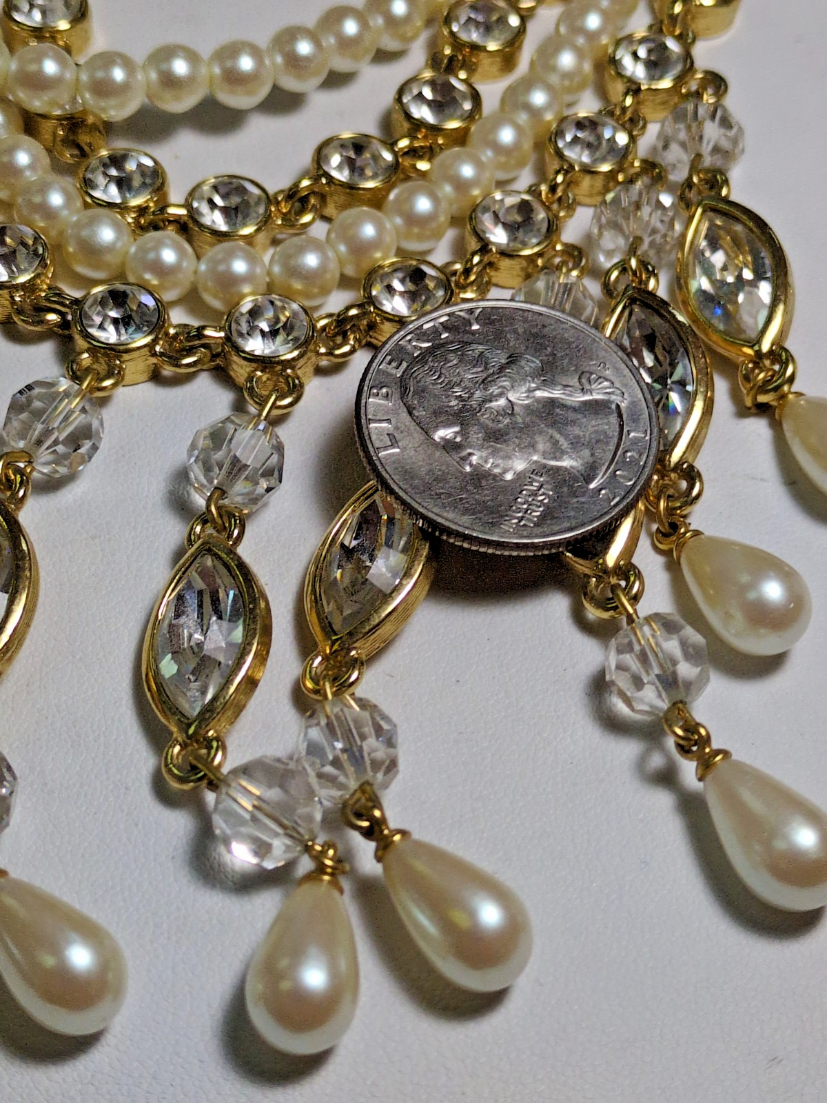 VINTAGE BEAUTIFUL PEARLS & CRYSTALS BEADED 4 LAYER NECKLACE LUXURIOUS