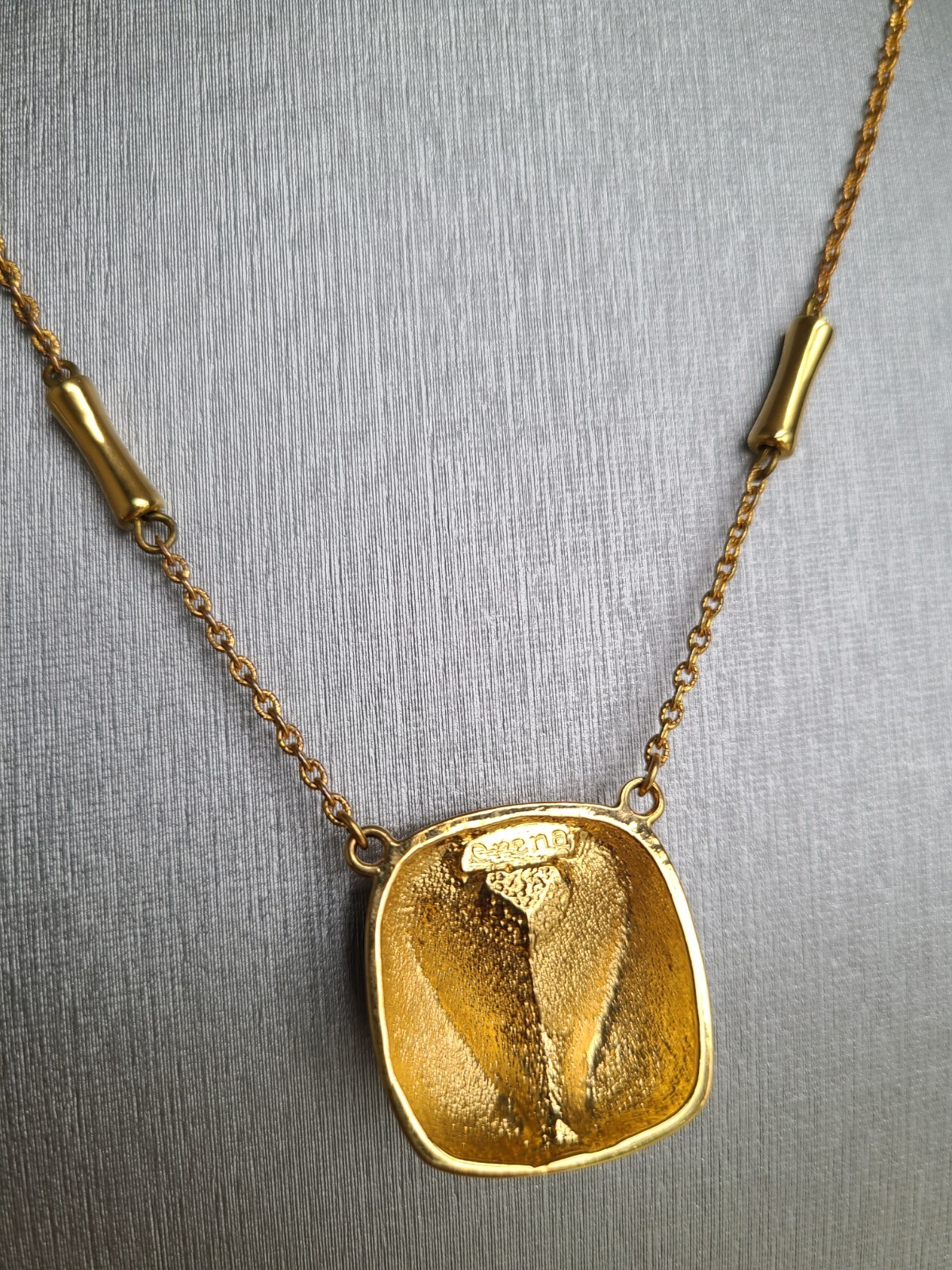 Vintage Orena Paris Gold Plated, Black Enamel Rhinestone Pendant Necklace