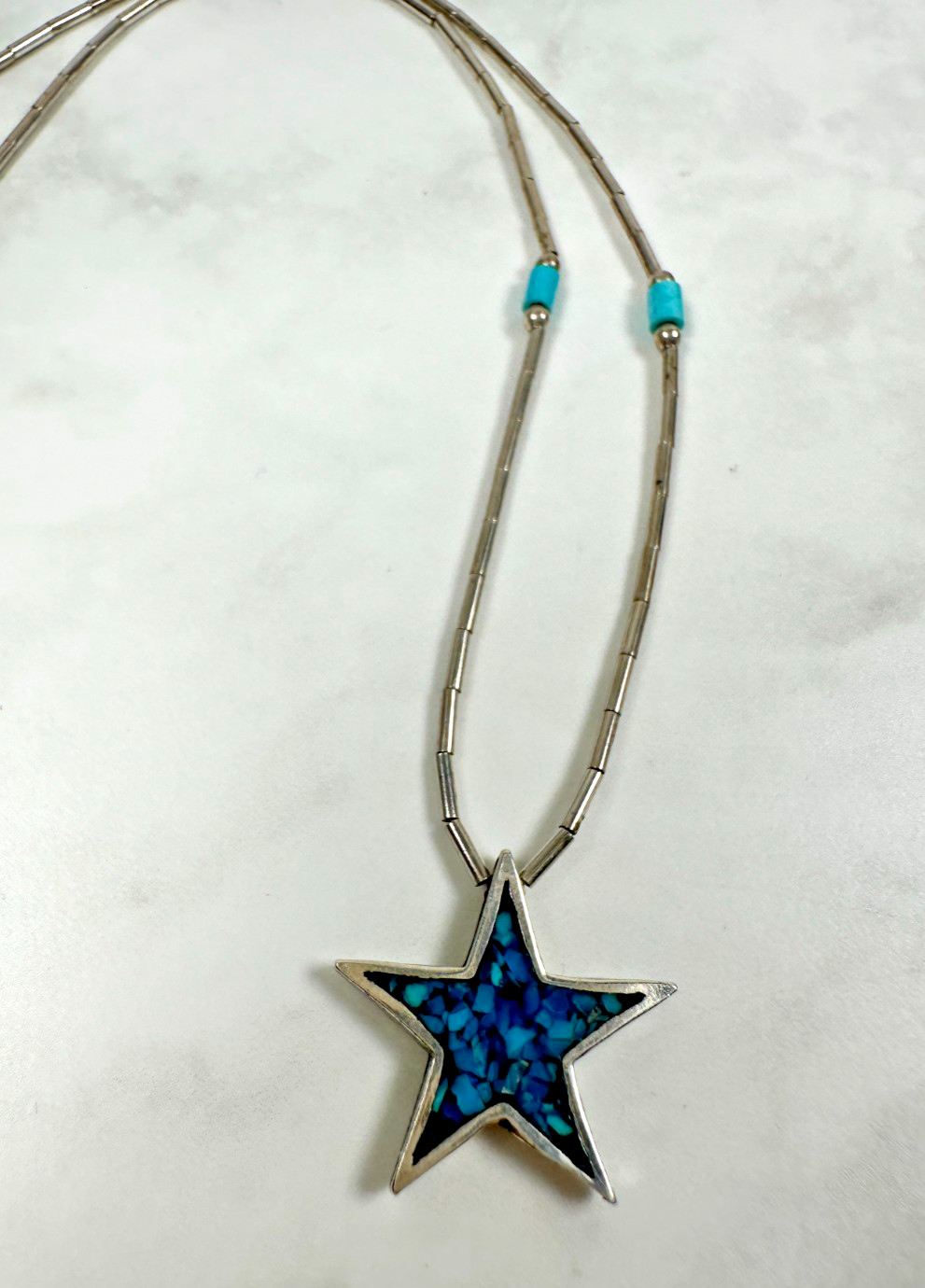 Sterling Silver Star Necklace & Stud Earrings w/ Turquoise Chip Inlay – 14″