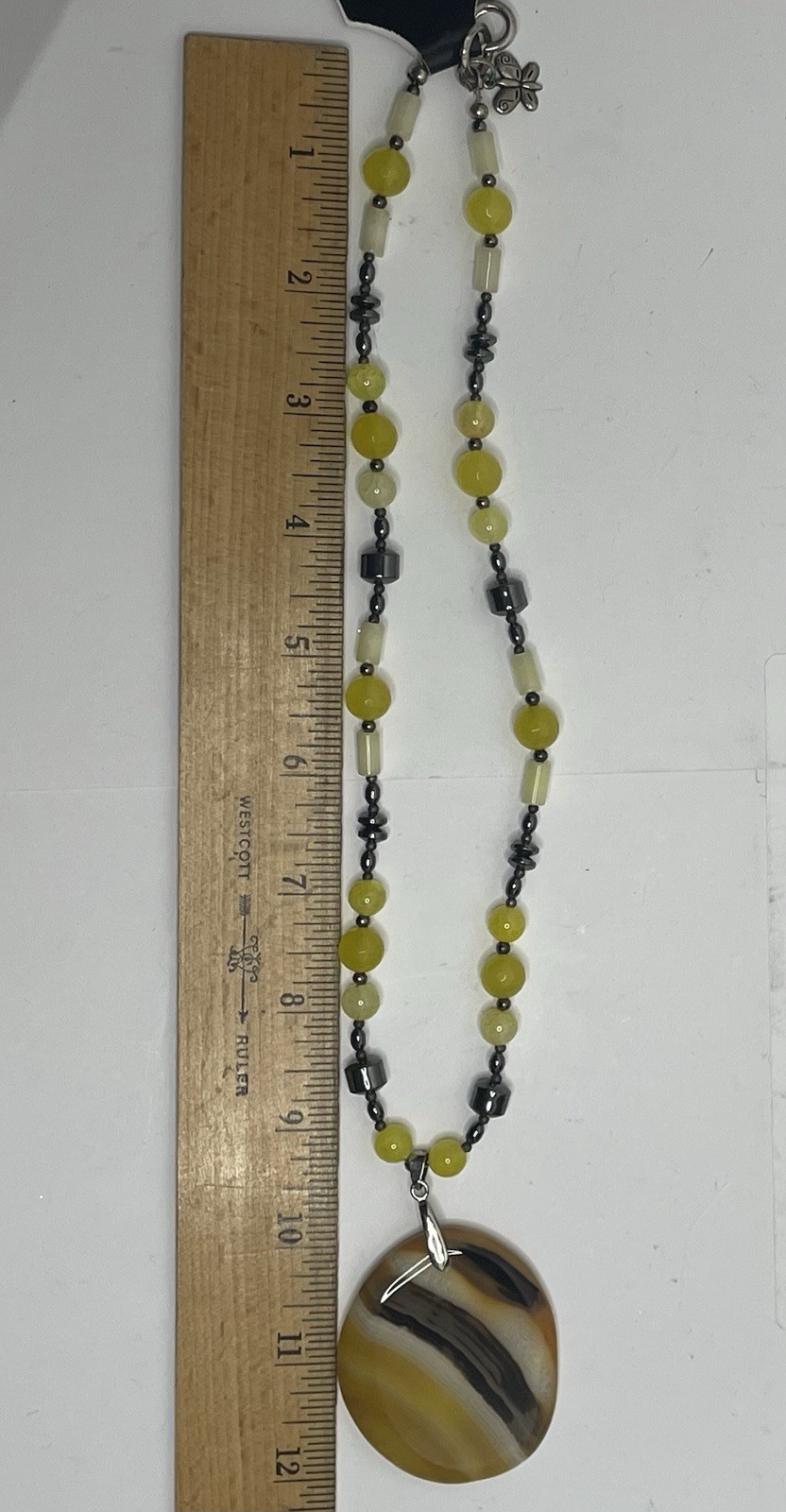 Vtg. Chunky Striped Agate Medallion Pendant Statement Necklace 12” L Yellow Boho