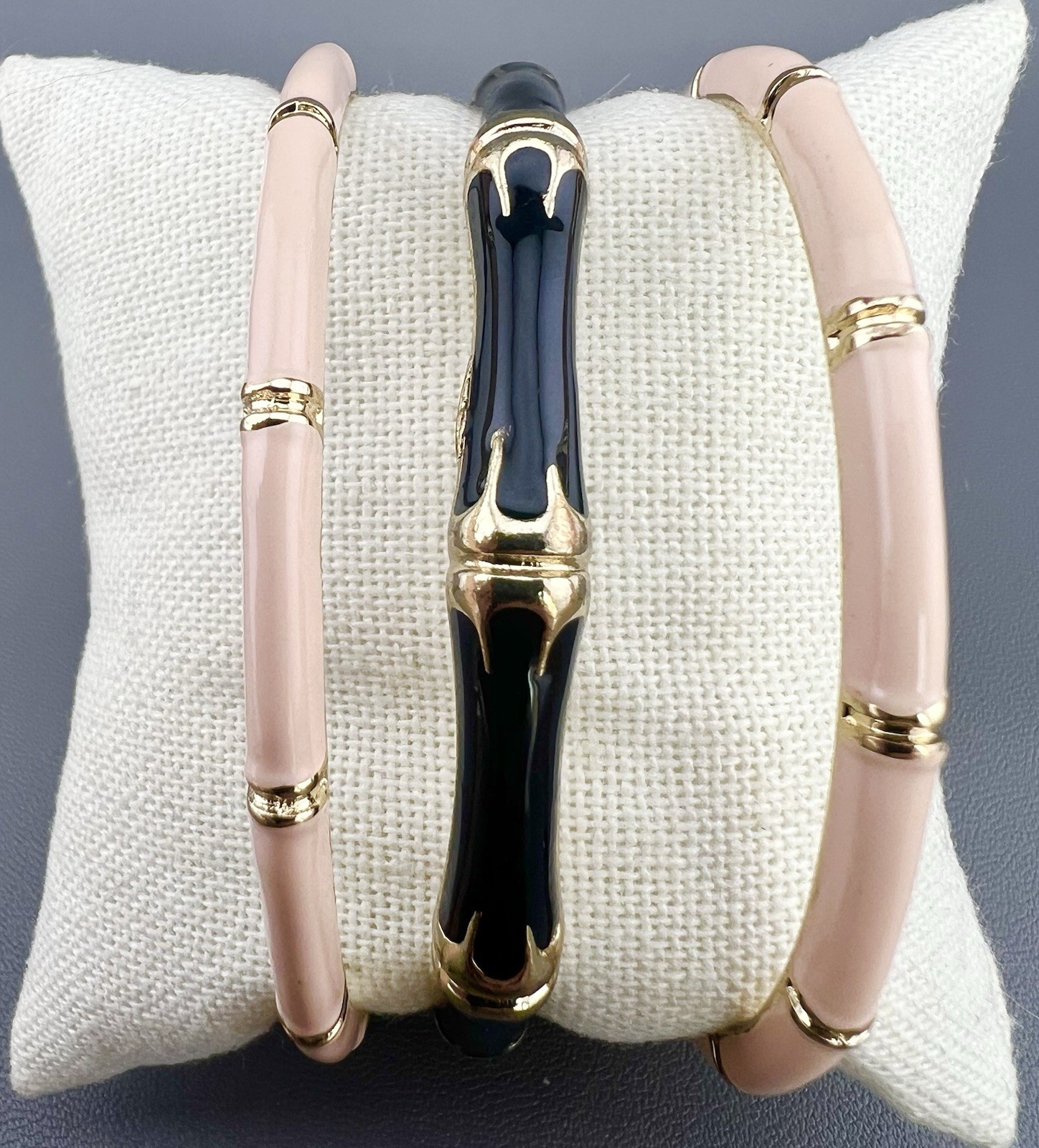 Vintage Bangle Bracelet Lot Bamboo Enamel Gold Tone Pink Black 8”