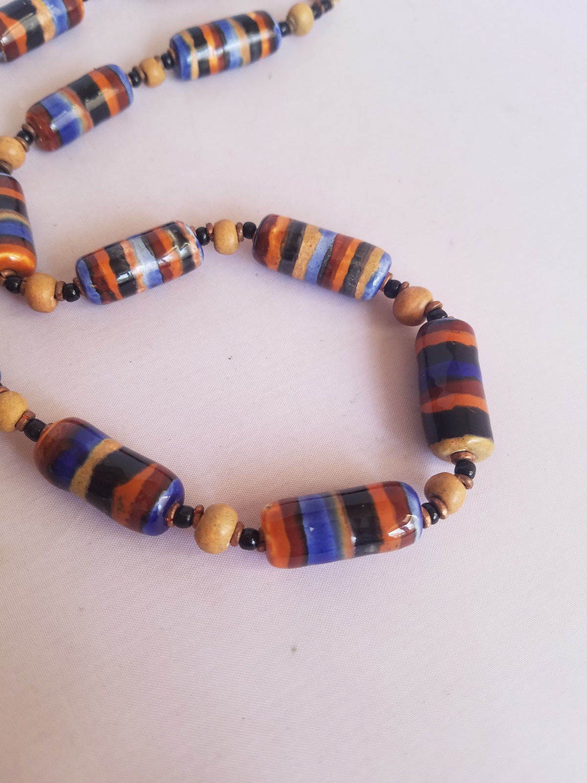 Vintage Ceramic Bead Necklace Orange Blue Brown Stripe Wood Beads Earth Tones