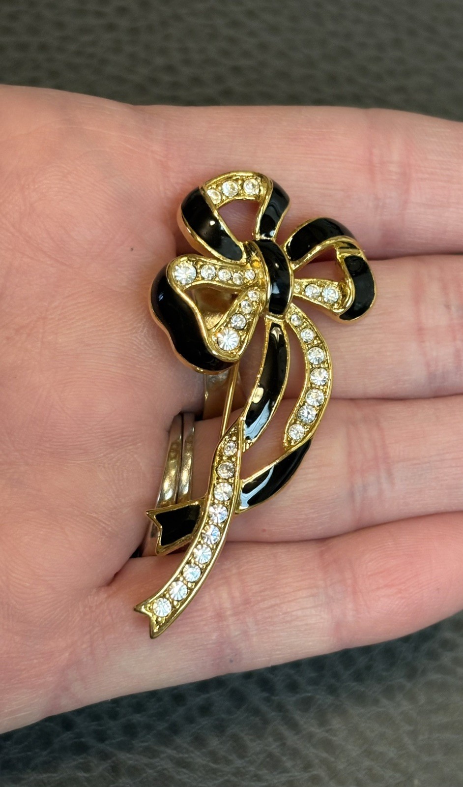 Vintage 80s Runway Gold Tone Rhinestone Black Enamel Ribbon Bow Brooch Pin