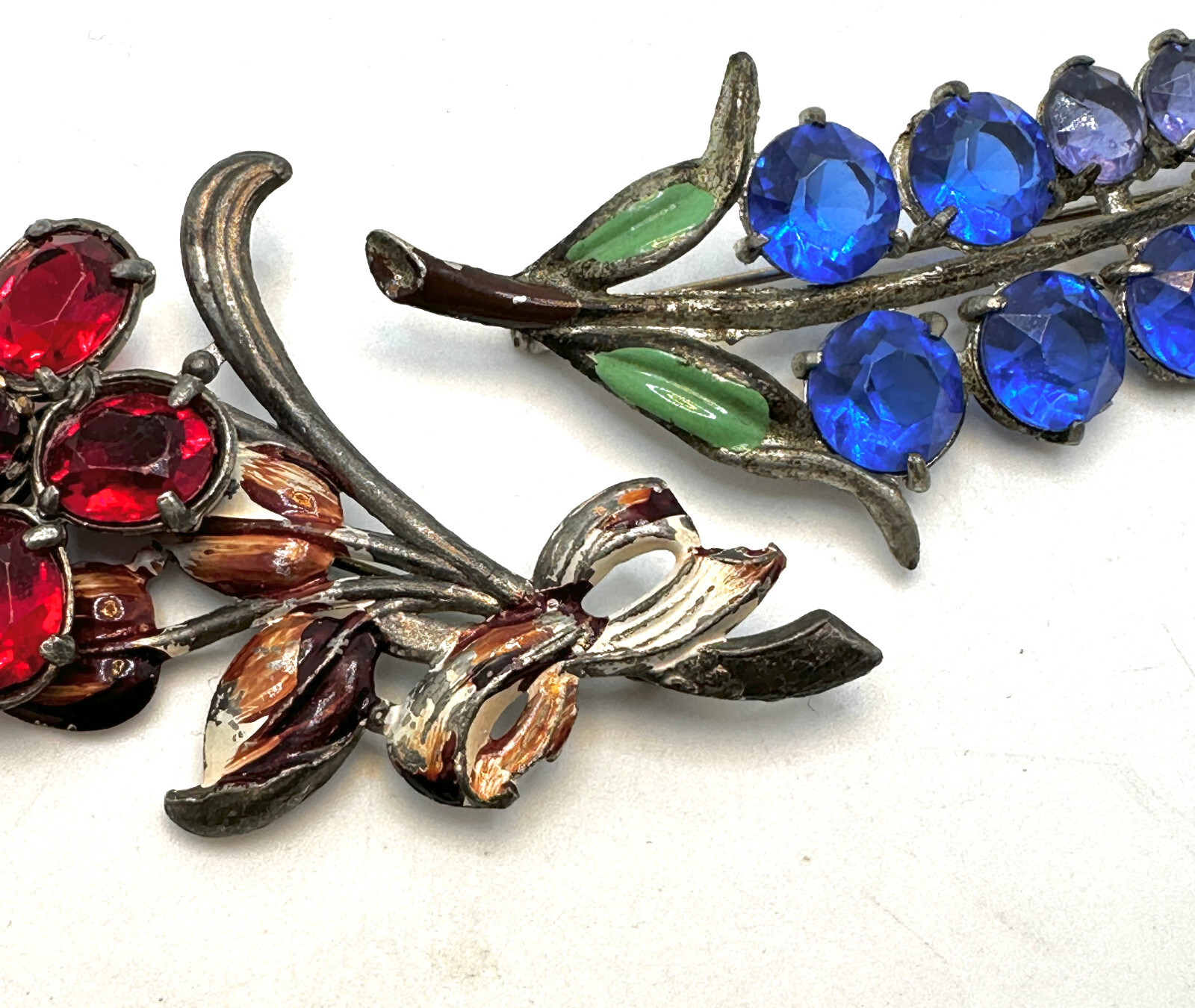 Lot 2 RARE Vtg 1930S 1940S CORO Unsigned Rhinestone Floral Enamel Brooches