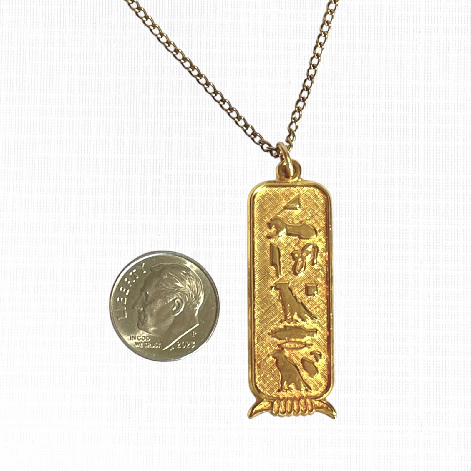 Vintage Egyptian Hieroglyphic Pendant Necklace Gold Tone Cartouche Charm 24″