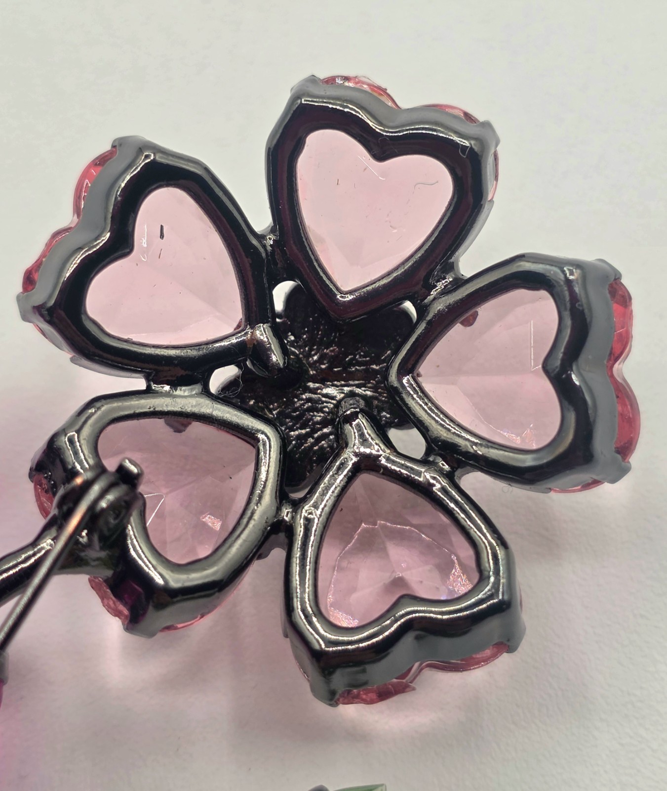 Double Flower Pink And Green Lucite Brooch, Black (Japaned) Colored Metal