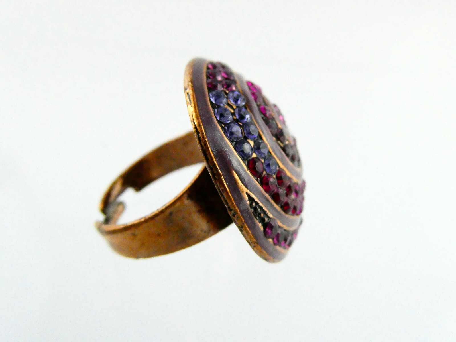 Copper Tone Metal Rhinestone Studded Spiral Adjustable Ring Size 7.5 11.2 Grams