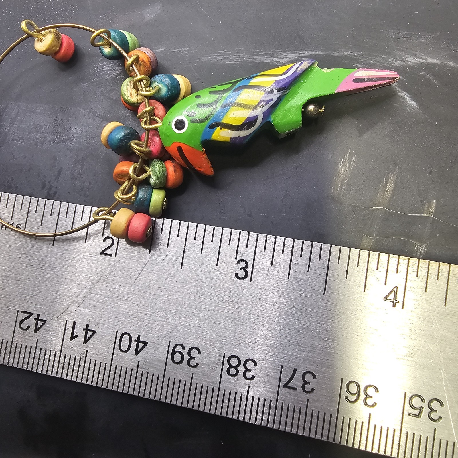 Vintage Parrot Hoop Dangle Earrings Colorful Wooden Beaded Boho Kitsch Whimsical