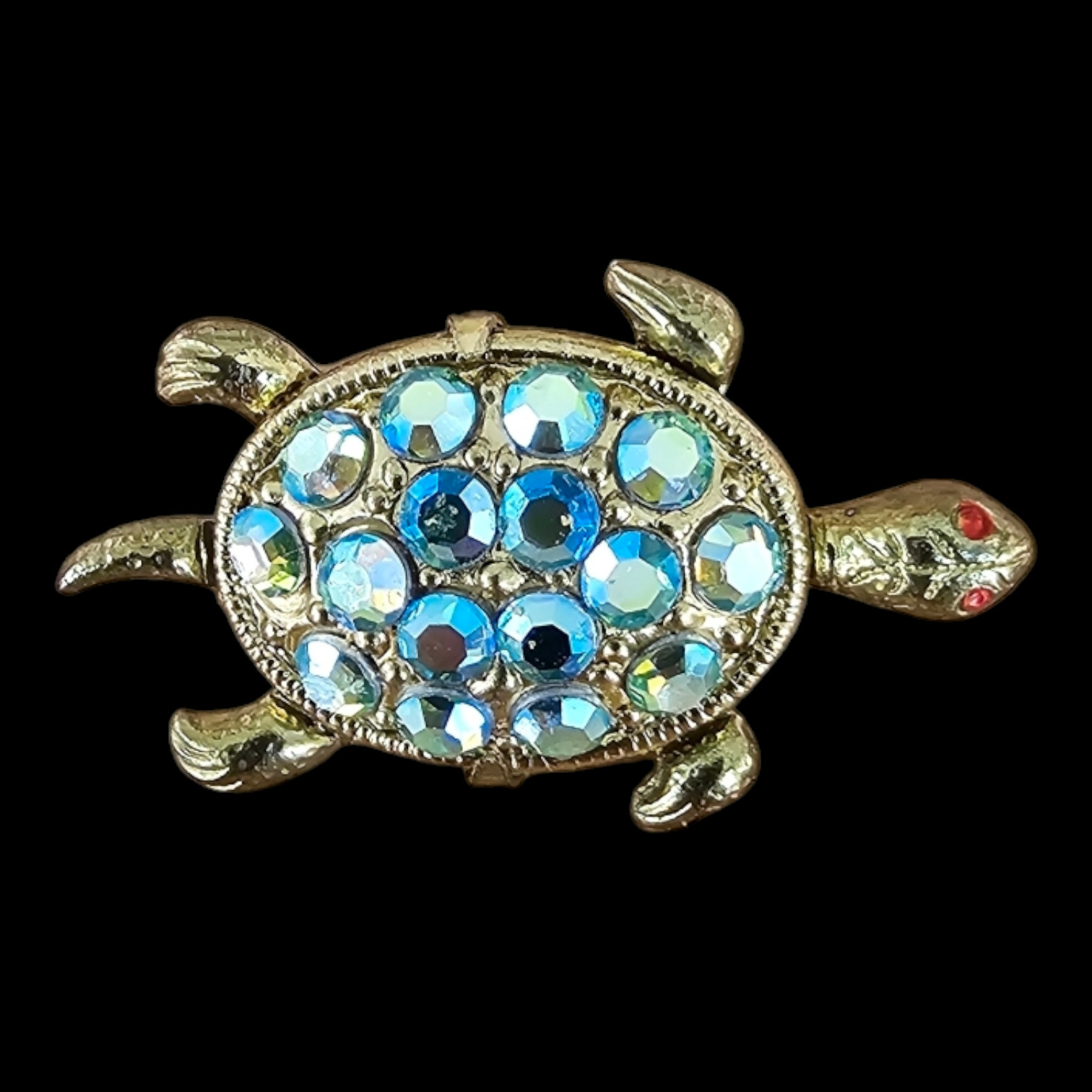 Genuine Vintage Gold Color Ges Gesch Blue Crystal Turtle Brooch – W Germany