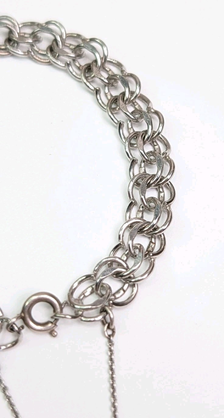 Vintage Sterling Silver Charm Bracelet Double Link 7″ Safety Chain C Clasp