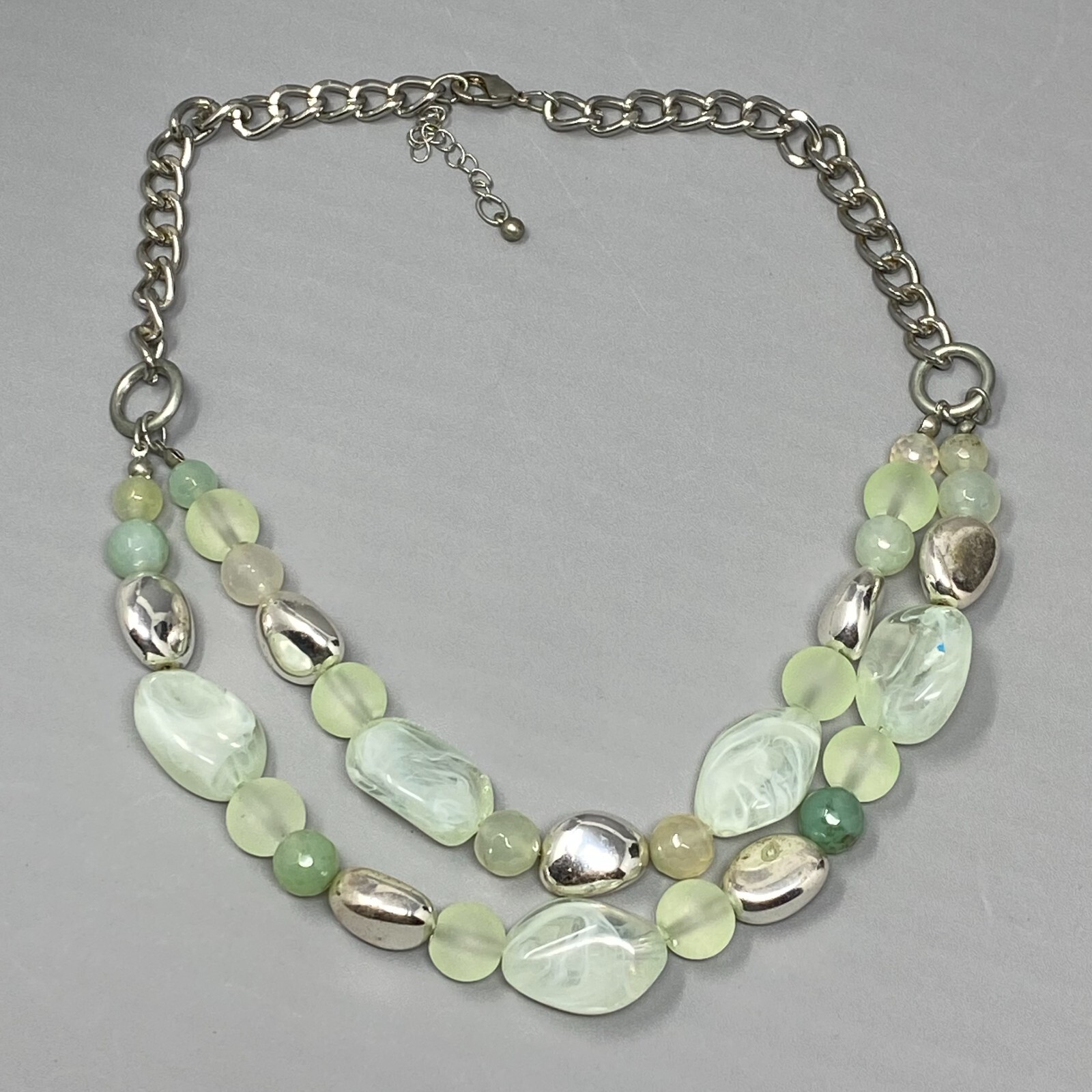 Multi Strand Necklace Green Gemstone Glass Acrylic Beads Frost Swirl Silver Tone