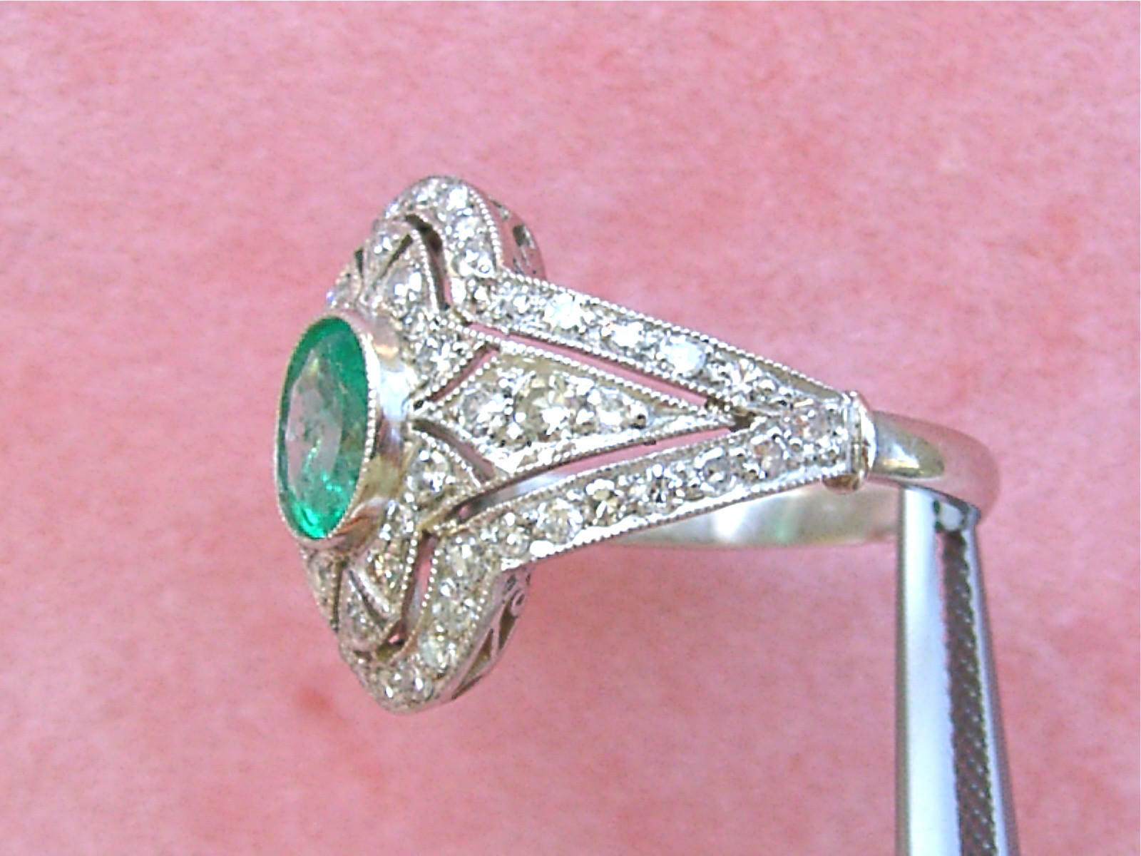 ART DECO .80 ct OVAL EMERALD 1.20 ctw DIAMOND PLATINUM RIGHT-HAND COCKTAIL RING