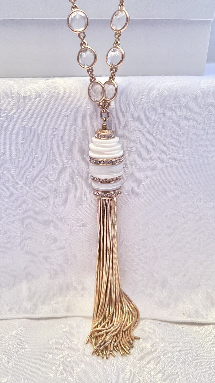 Vintage Henri Bendel Rose Gold Tone Glass Tassel Necklace 32 Inches Rhinestones