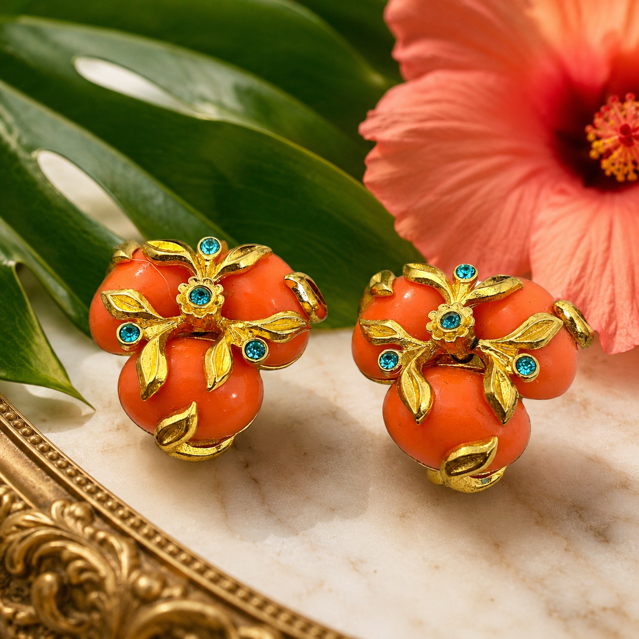 Vintage Joan Rivers Coral Enamel Floral Cluster Clip On Earrings Gold Tone Blue