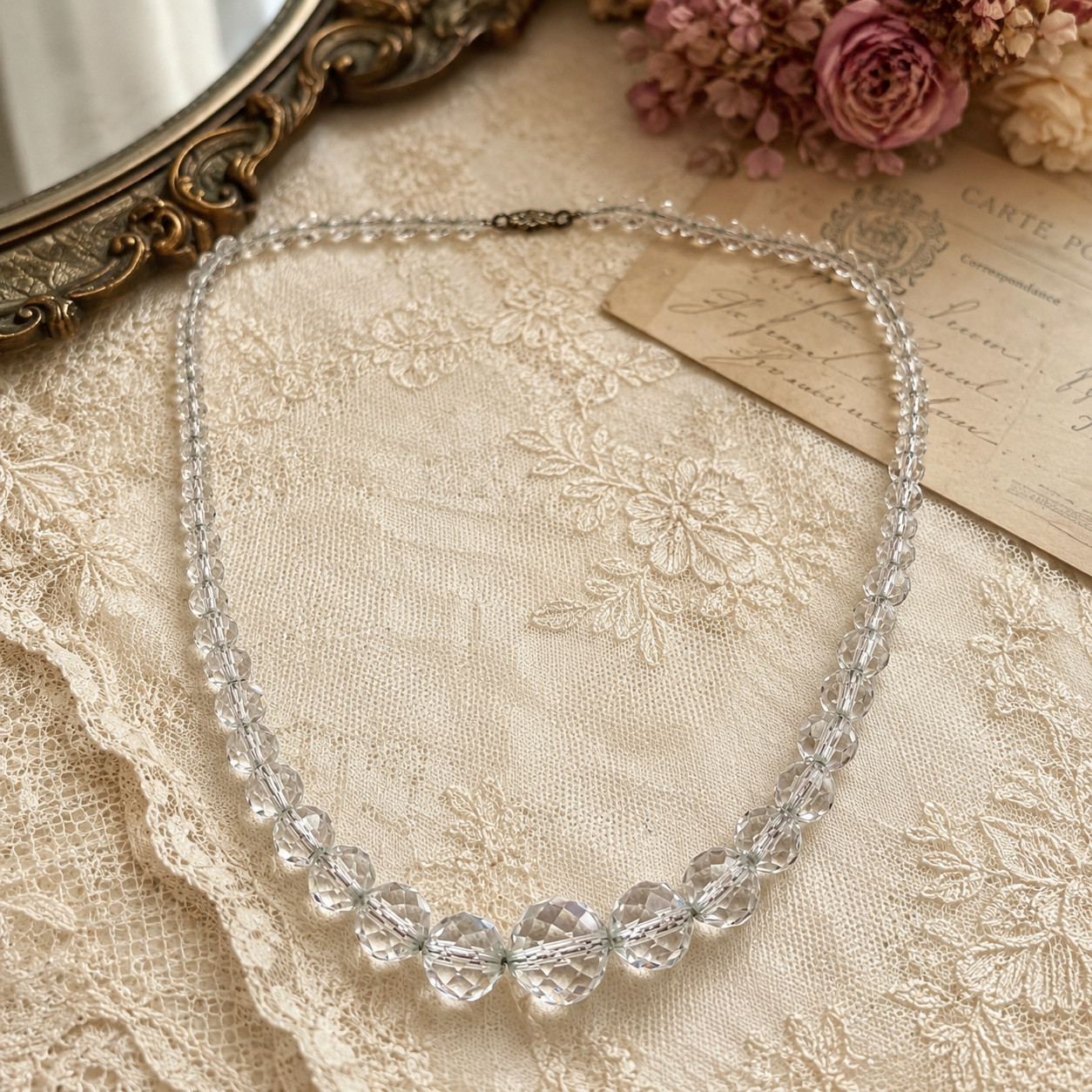 Vintage Clear Faceted Crystal Graduated Rondelle Necklace Silver Tone 18 In