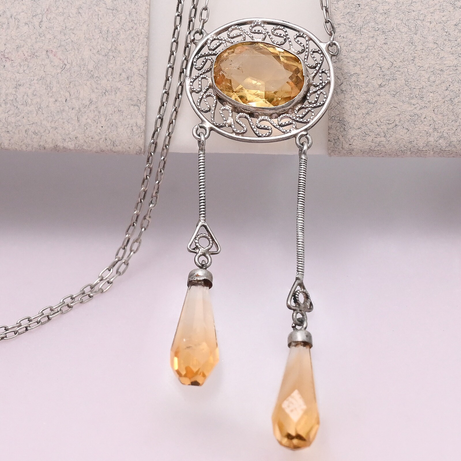 Antique Victorian Edwardian Briolette Citrine Negligee Silver Pendant Necklace