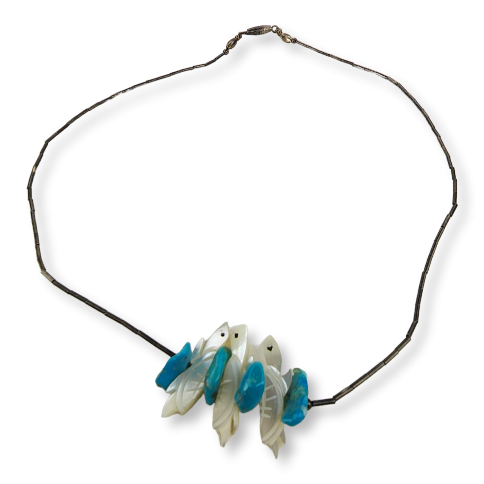 Vintage Sterling Silver 925 Liquid Silver Turquoise MOP Turtle Necklace 16.5 In